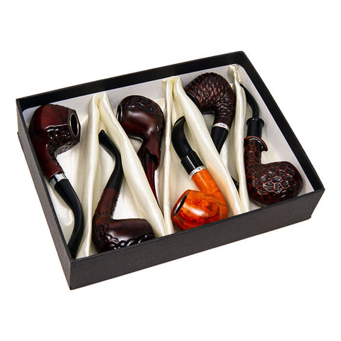Wood And Resin Engraved Pipe Display Of 6 Pcs
