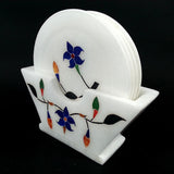 HAND CRAFTED WHITE MARBLE PRINTED COASTERS WITH HOLDER