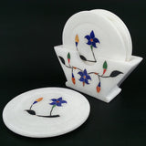HAND CRAFTED WHITE MARBLE PRINTED COASTERS WITH HOLDER