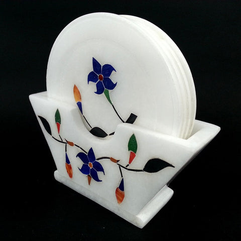 HAND CRAFTED WHITE MARBLE PRINTED COASTERS WITH HOLDER