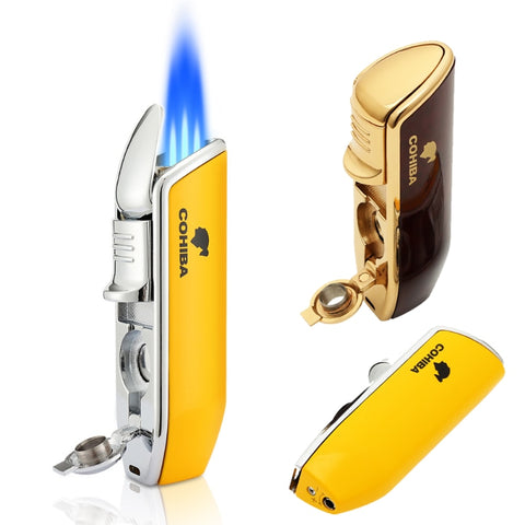 COHIBA Portable Outdoor Metal Windproof Butane Gas Lighter 3 Torch Blue Flame Jet Cigar Lighter Gift Box Men's Gift isqueiro